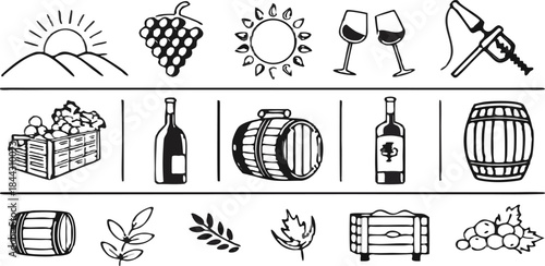 A collection of 21 stylized black and white line art icons, set against a transparent background. The icons depict elements associated with winemaking and wine consumption. The subjects include a bunc