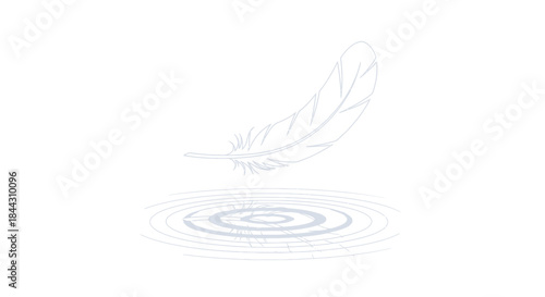 Feather's descent touching water's reflective surface creating delicate ripples in a minimalist