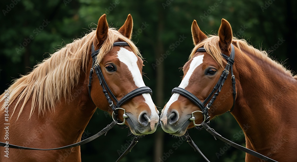 Obraz premium Two brown horses with white blazes on their faces, in profile with bridles on
