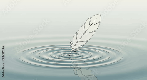 Gentle feather touching the water, causing ripples, a serene moment of stillness and motion