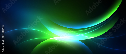 Abstract flowing shapes, vibrant blues, greens, bright center. Dynamic composition, smooth gradients, modern design elements.