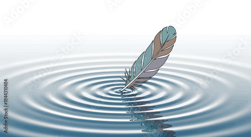 Feathered serenity: a tranquil image of a single feather touching water surface creating ripples