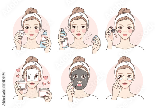 Woman in headband applying various skincare products on