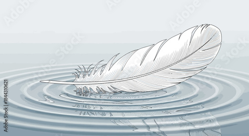 Feather softly resting on the water surface creating gentle ripples illustration