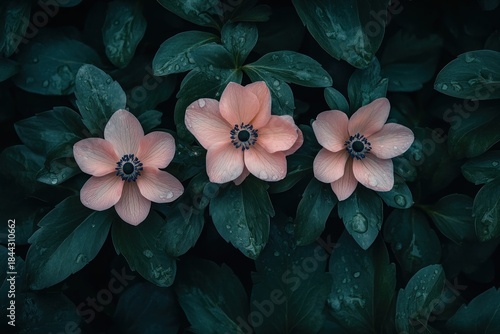 Wallpaper Mural Beautiful pink anemone flowers with glistening water droplets on deep green leaves, creating a stunning moody floral background. Torontodigital.ca