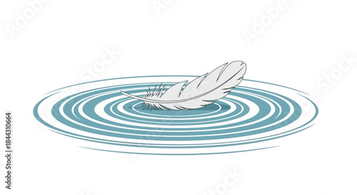 Feather floating on water creating ripple illustration offering tranquility