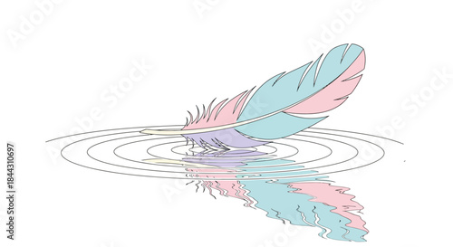 Pastel feather touching tranquil water creates delicate ripple effects serenity in white background