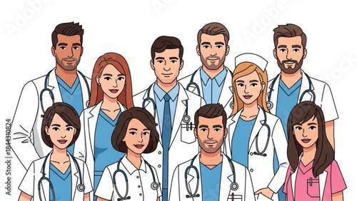 Diverse team of doctors and nurses medical professionals in uniform with stethoscopes representing healthcare and hospital staff