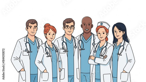 Diverse medical team of doctors and nurses illustration of healthcare professionals in uniform with stethoscopes isolated on white backgro