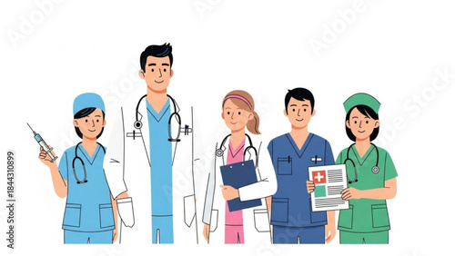 Diverse medical team of doctors and nurses illustration for healthcare and hospital concepts isolated on white background