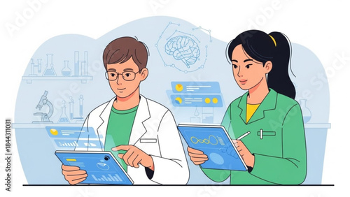 Scientists in lab coats using futuristic tablets with holographic displays researching brain science and data analysis for medical technol