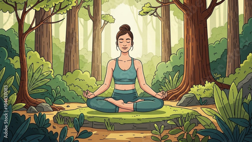 Woman meditating in lotus pose in a serene forest practicing yoga for wellness and mindfulness surrounded by nature