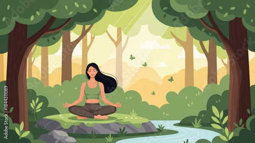 Woman meditating in a serene forest practicing yoga by a stream with lush greenery and sunlight representing peace and nature