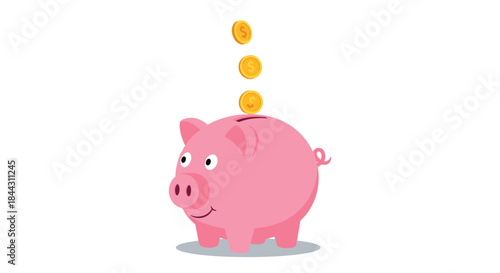 Gold dollar coins fall into a cheerful pink piggy bank, illustrating the concepts of saving money, investment, and finance.