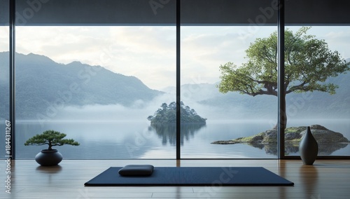 Wallpaper Mural Zen meditation room with yoga mat and cushion overlooking a serene misty lake, mountains, and small islands Torontodigital.ca