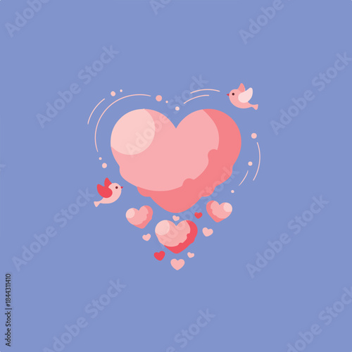 A charming illustration of a large pink heart surrounded by smaller hearts and two flying lovebirds on a soft blue background.