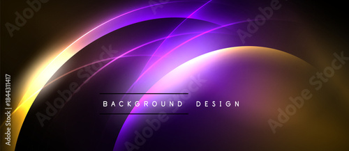 Abstract neon curves create dynamic background. Purple, gold hues blend, forming modern design element. Dark space emphasizes glowing shapes.