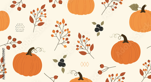 A warm and cozy seamless autumn pattern featuring hand-drawn pumpkins, colorful berries, and branches on a light cream background.