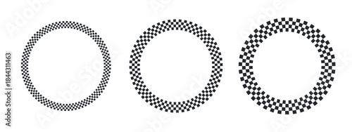  Checkered circular borders with racing flag pattern. Round frames in black and white checker design, perfect for F1-themed graphics, vintage motorsport art, and retro compositions.