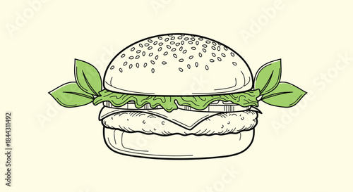 A detailed, hand-drawn sketch of a delicious hamburger with fresh green lettuce leaves, illustrated in a vintage line art style.
