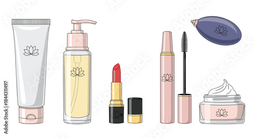 A stylish collection of various cosmetic and skincare products, including cream, lipstick, mascara, and perfume, in a clean design.