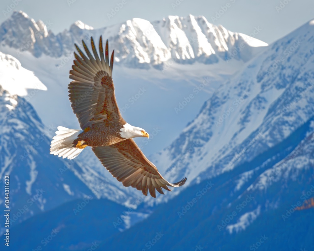 Fototapeta premium Bald Eagle Soaring Over Snow Capped Mountains