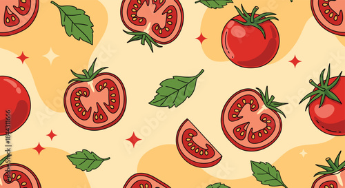 A vibrant and fresh seamless pattern featuring whole and sliced red tomatoes with green basil leaves on a warm yellow background.
