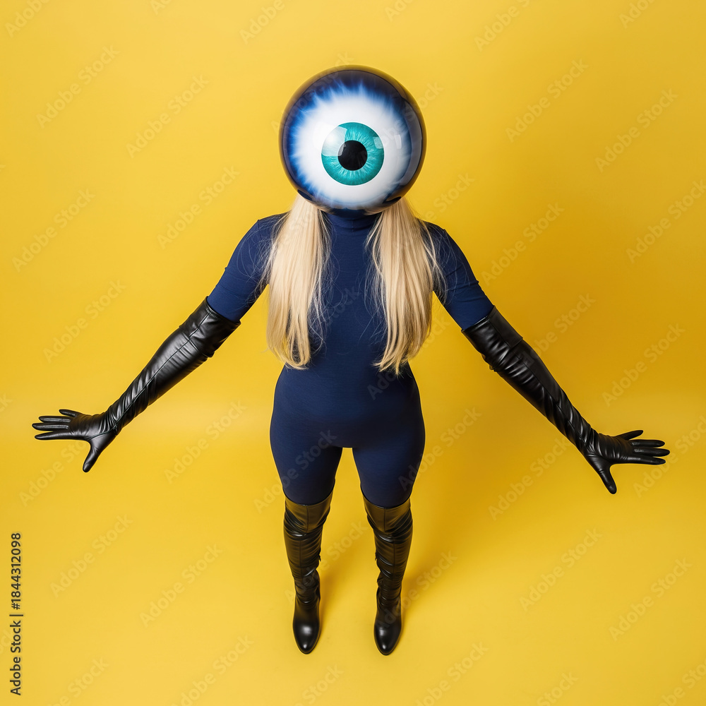 Obraz premium Female model in bizarre zentai fashion with huge eyeball mask posing on yellow background.