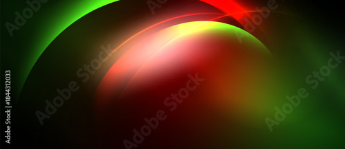 Abstract composition features vibrant curves, blending red, green, yellow hues. Dark background emphasizes luminous shapes, creating dynamic visual effect.