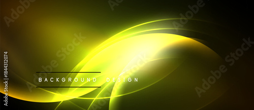 Bright yellow abstract waves. Smooth gradients create dynamic light effect. Modern design suitable for digital backgrounds.