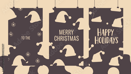 Three hanging christmas banners with santa hats and snowflakes on a beige background for holiday greeting cards and decorations with a joyful festive feel