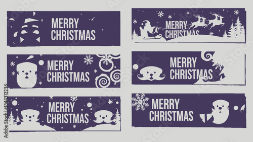 Merry christmas stickers with polar bears, snowy scenes, and festive designs on purple background