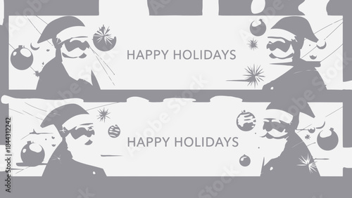 Grayscale holiday greeting card templates with santa claus and ornaments on white background for christmas and new year celebrations