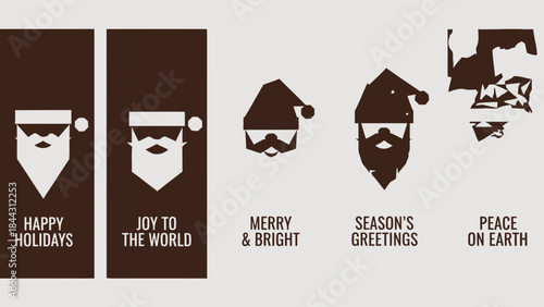 Collection of santa claus silhouettes and holiday greetings in brown and white