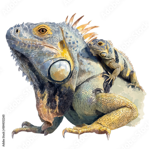 Watercolor vector illustration of Iguana With Its Baby, isolated on white background.