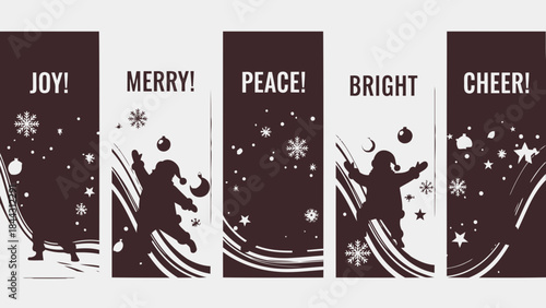 Set of five christmas banners with joyful holiday messages and silhouettes of santa claus in a whimsical snowy scene with stars and snowflakes