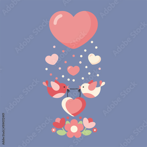 A cute illustration of two birds holding a heart banner, beneath a large heart raining smaller hearts, all above a floral arrangement.