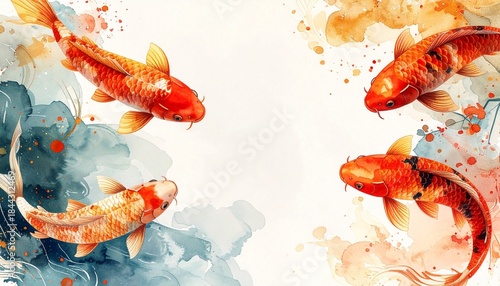 Four koi fish in red and gold background watercolor style