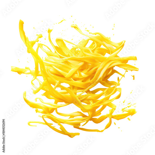 Bright yellow shredded cheese strands swirling midair on transparent background