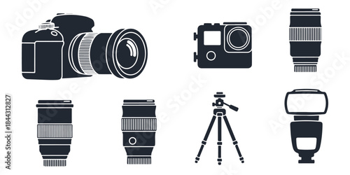 Collection of black silhouette photography equipment icons
