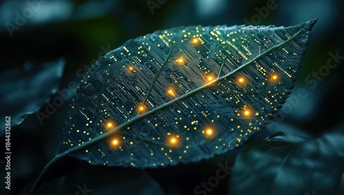 Wallpaper Mural Bio-digital Leaf with Illuminated Circuit Board Pattern Symbolizing Nature Technology Integration Torontodigital.ca