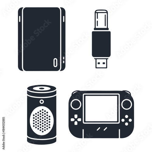 Collection of portable electronic gadgets and accessories