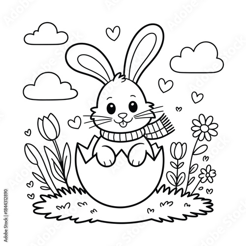 Cute black and white bunny peeking out of cracked egg surrounded by flowers and hearts rabbit hatching