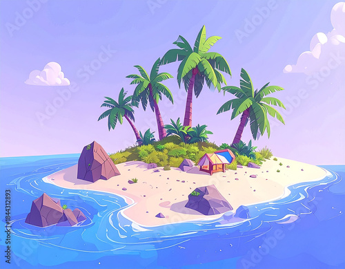 Simple Cartoon Illustration,Vacation and Travel Concept: Isolated Sandy Beach Island Surrounded by Ocean.