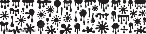 black ink splatter and dripping liquid shapes set isolated
