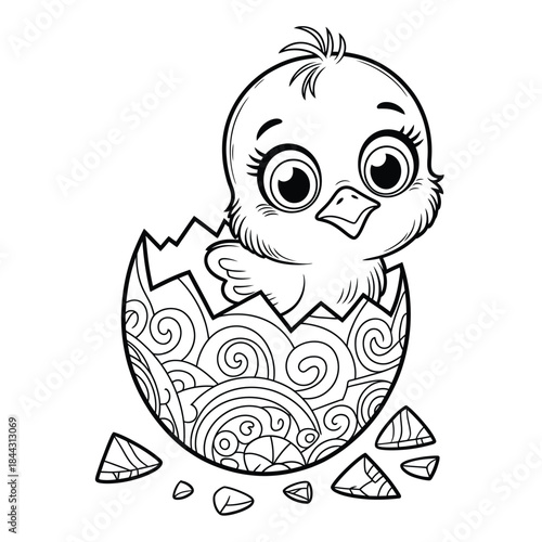 Cute black and white cartoon chick hatching from a patterned eggshell bird