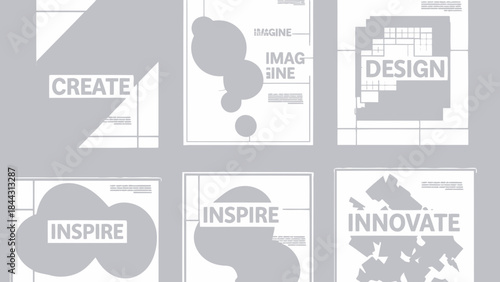 Collection of inspirational and creative design templates with words like create, imagine, design, inspire, and innovate on gray and white backgrounds for presentations