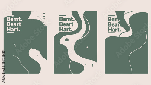 Three green business card designs with white accents and bemt beart hart logo on cream background