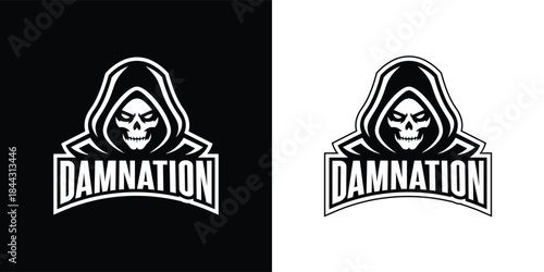 Grim reaper skull mascot logo with text damnation vector illustration