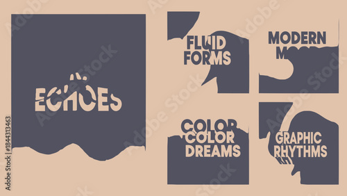 Collection of modern typography designs with fluid forms and vibrant color dreams in graphic rhythms and echoes on a beige background